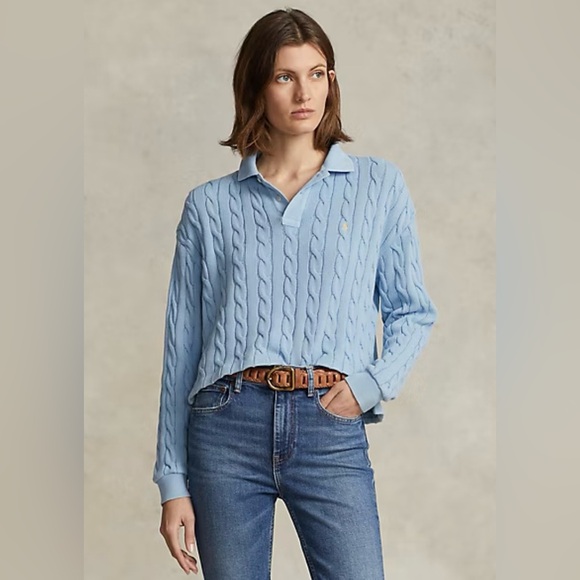 Polo Ralph Lauren cable knit cotton polo shirt in powder blue - Picture 2 of 9